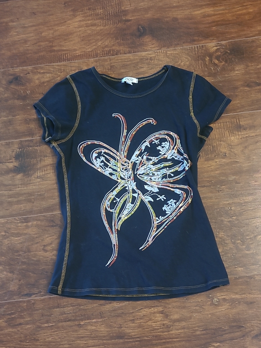 Cache Black Short Sleeve Tee with Multicolor Butterfly Graphic Y2k Size M